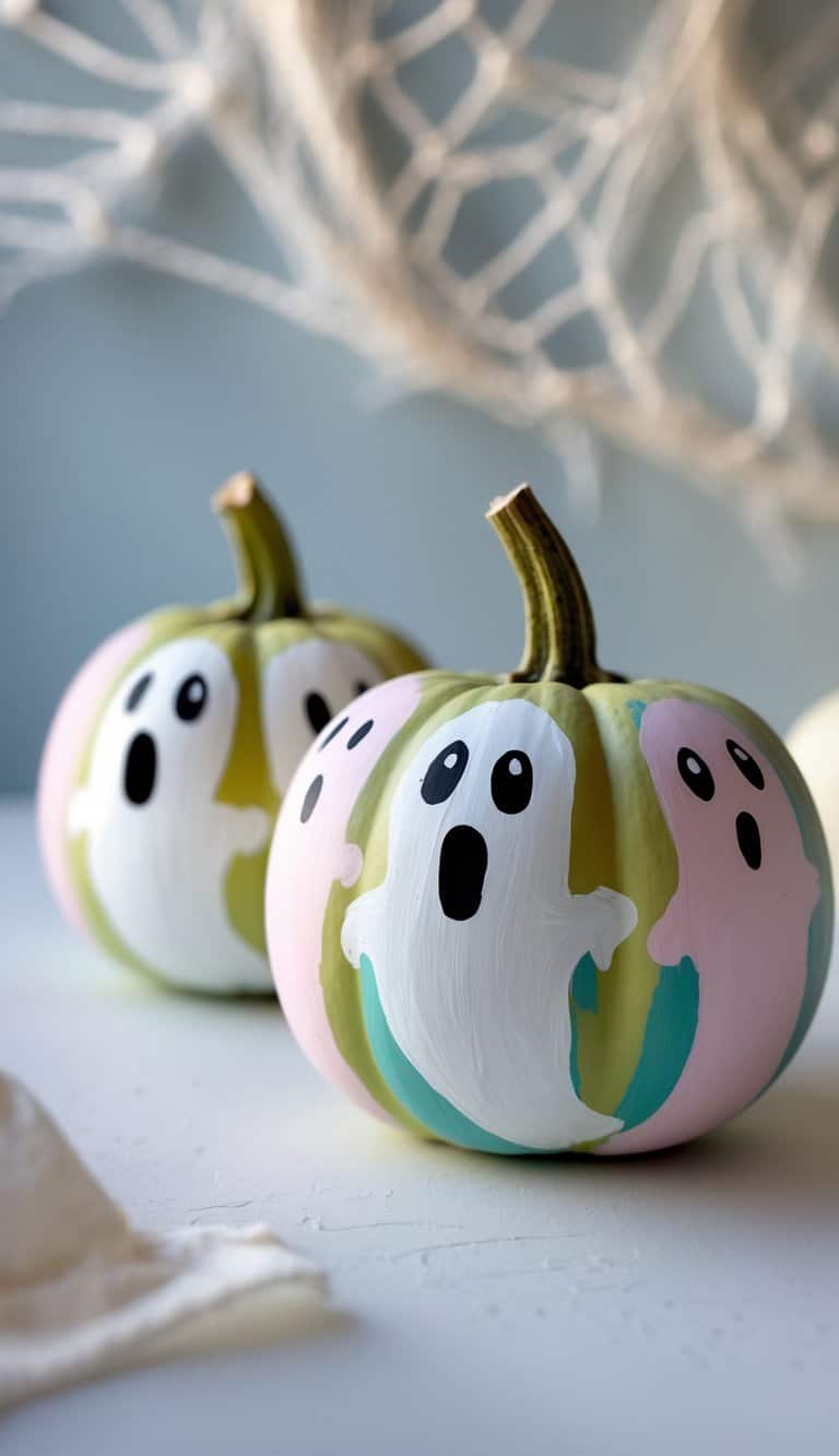 One or two small pumpkins painted with ghost faces and cobweb designs on a tabletop.
