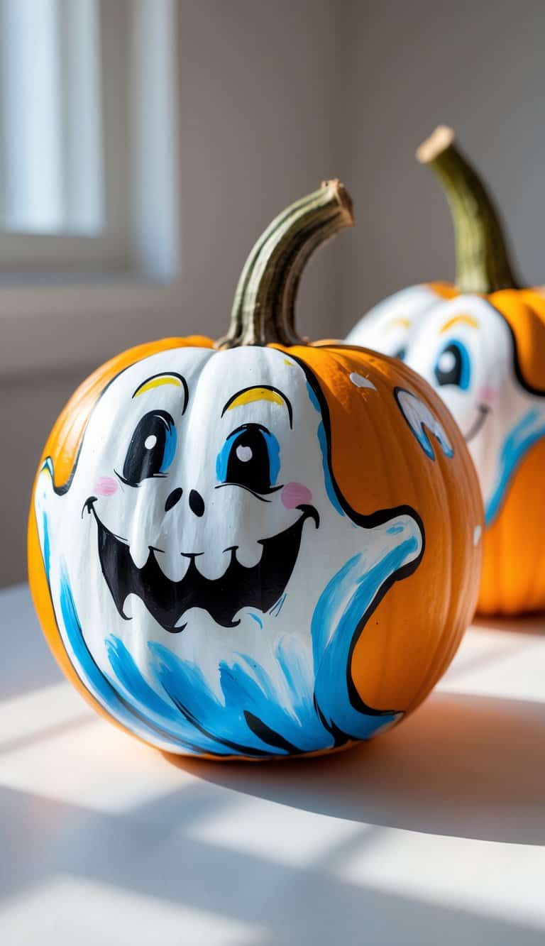 One or two pumpkins painted with ghost faces showing twisted grins and sharp eyes, arranged on a tabletop.