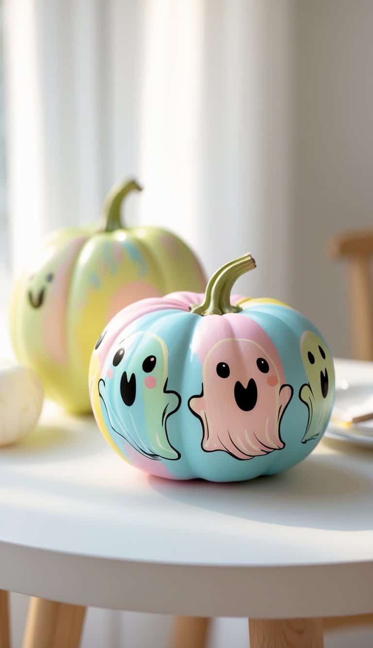 Close-up of one to two painted pumpkins with ghost designs on a tabletop.