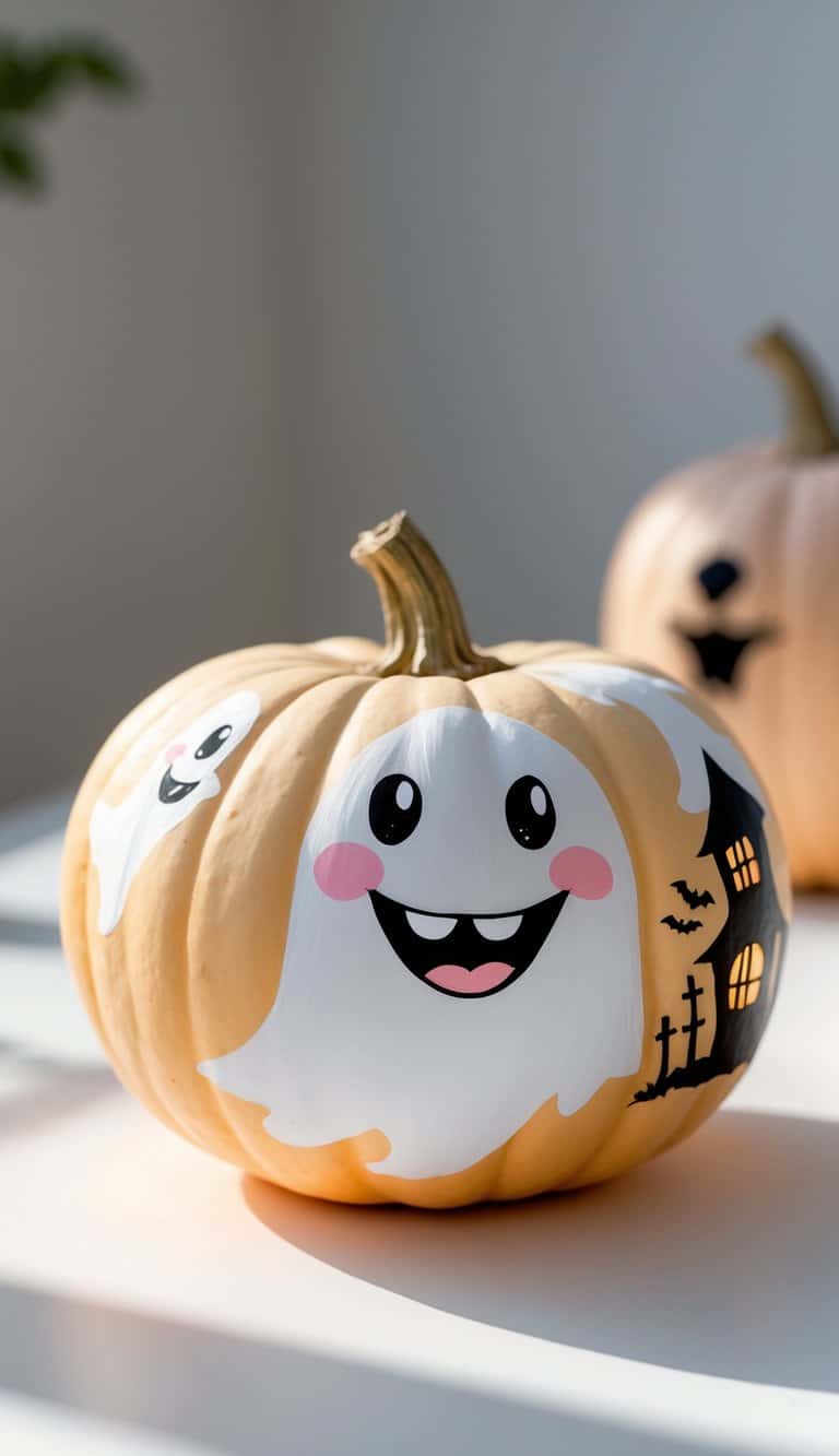 Close-up of two painted pumpkins on a tabletop, one with a friendly ghost face and the other with a haunted house silhouette in the background.