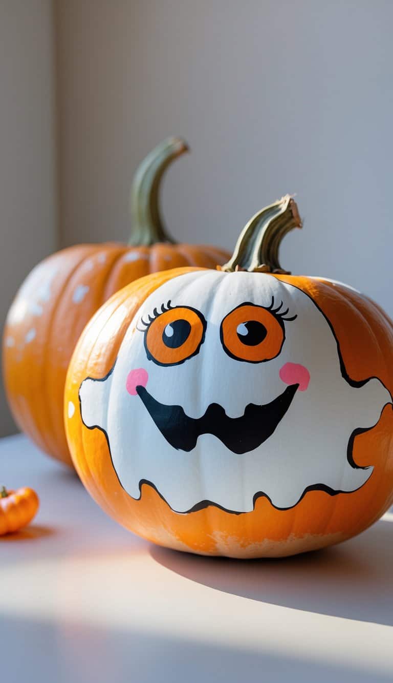 Close-up of one or two painted pumpkins on a table, featuring ghost faces with orange eyes and smoky mouths.