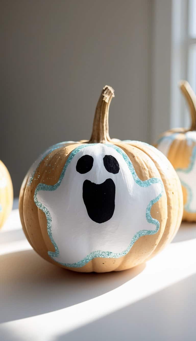 One to two pumpkins painted with playful ghost designs outlined in white puffy paint and glitter, placed on a clean tabletop under soft daylight.