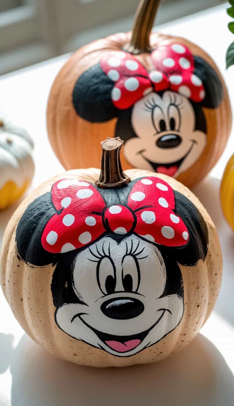 Close-up of one to two pumpkins painted with colorful Minnie Mouse faces and polka dot bows on a clean tabletop.