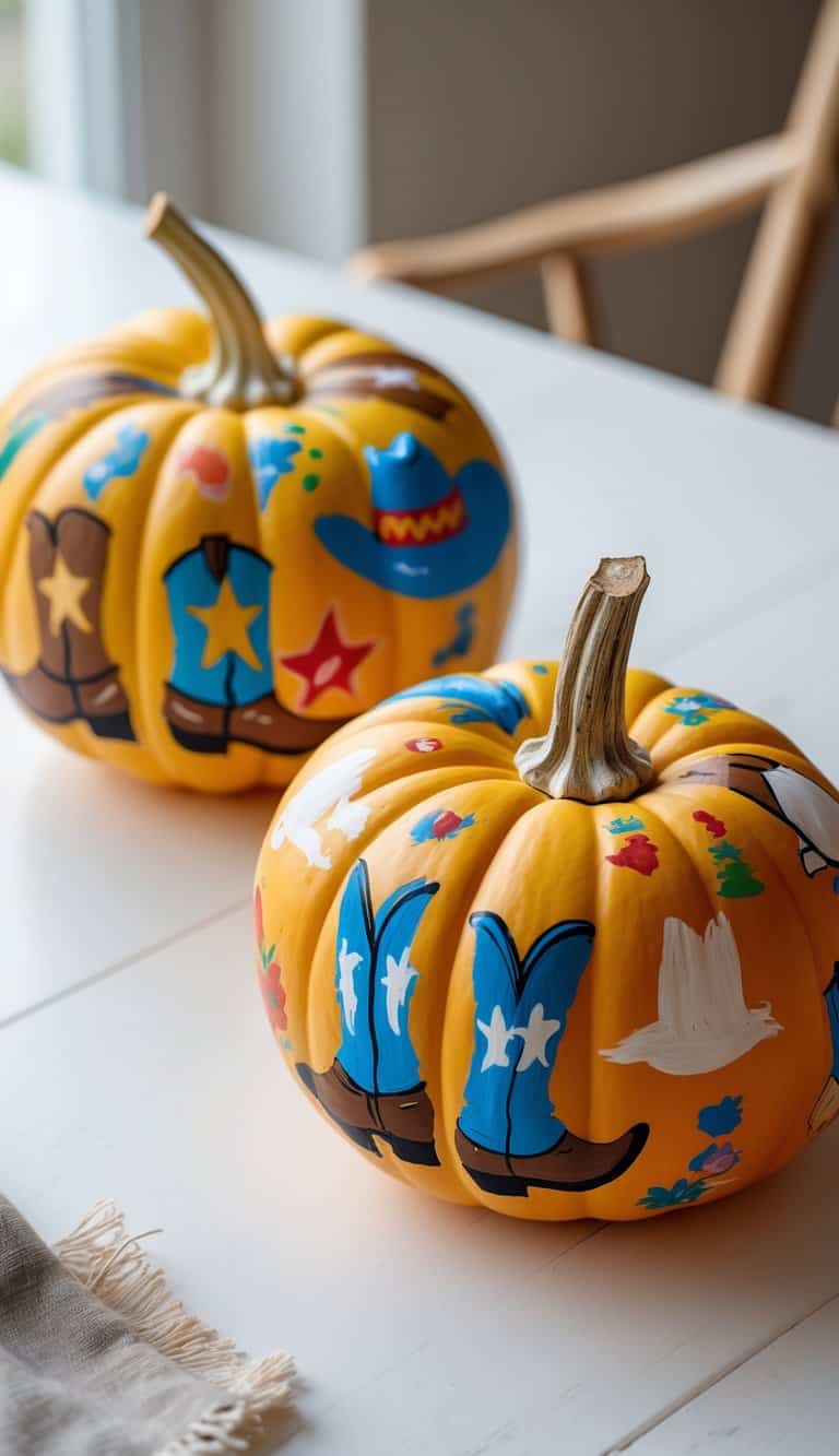One to two painted pumpkins on a table, decorated with colorful cowboy-themed designs.