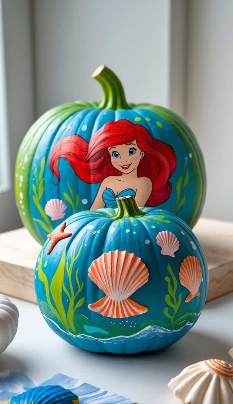 One or two pumpkins painted with colorful designs inspired by Ariel and underwater sea life, arranged on a clean tabletop.