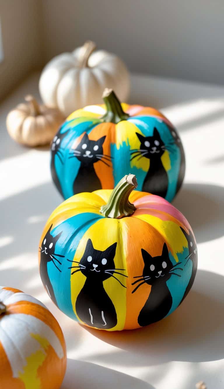 One to two small painted pumpkins on a table featuring black cat silhouette designs.