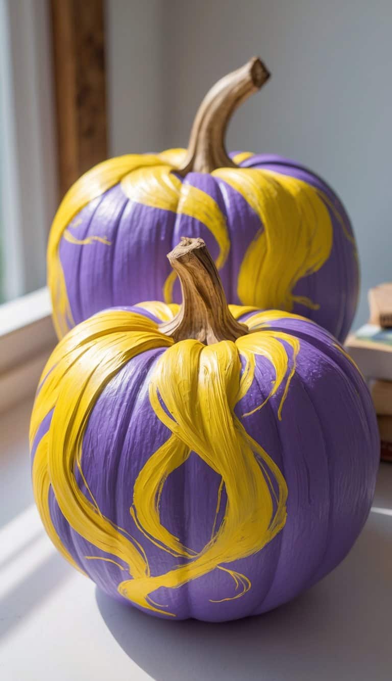 One to two pumpkins painted with colorful designs inspired by Rapunzel's long hair, arranged on a clean tabletop under soft daylight.
