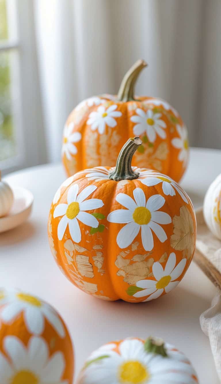 One to two painted pumpkins with white daisy flower designs on a clean tabletop.