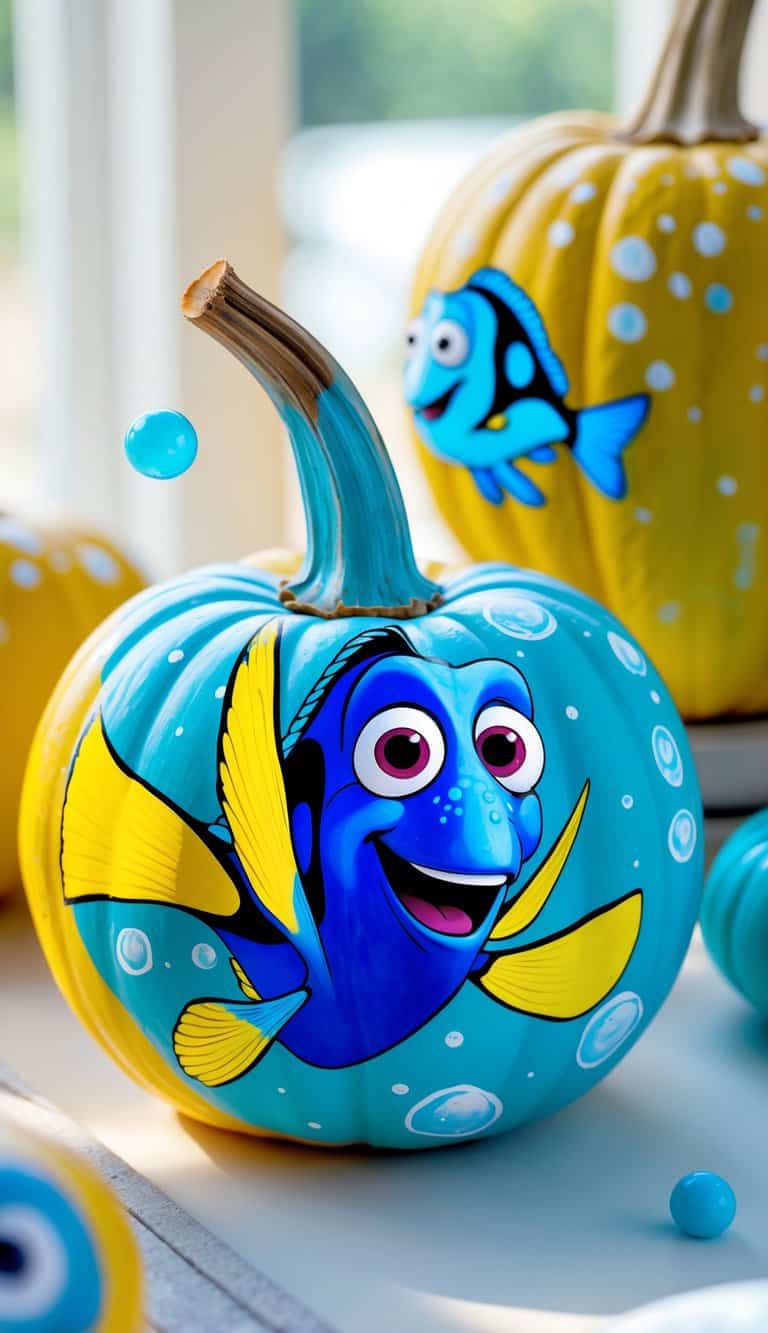 Close-up of one or two painted pumpkins inspired by Dory with bubble designs on a tabletop.