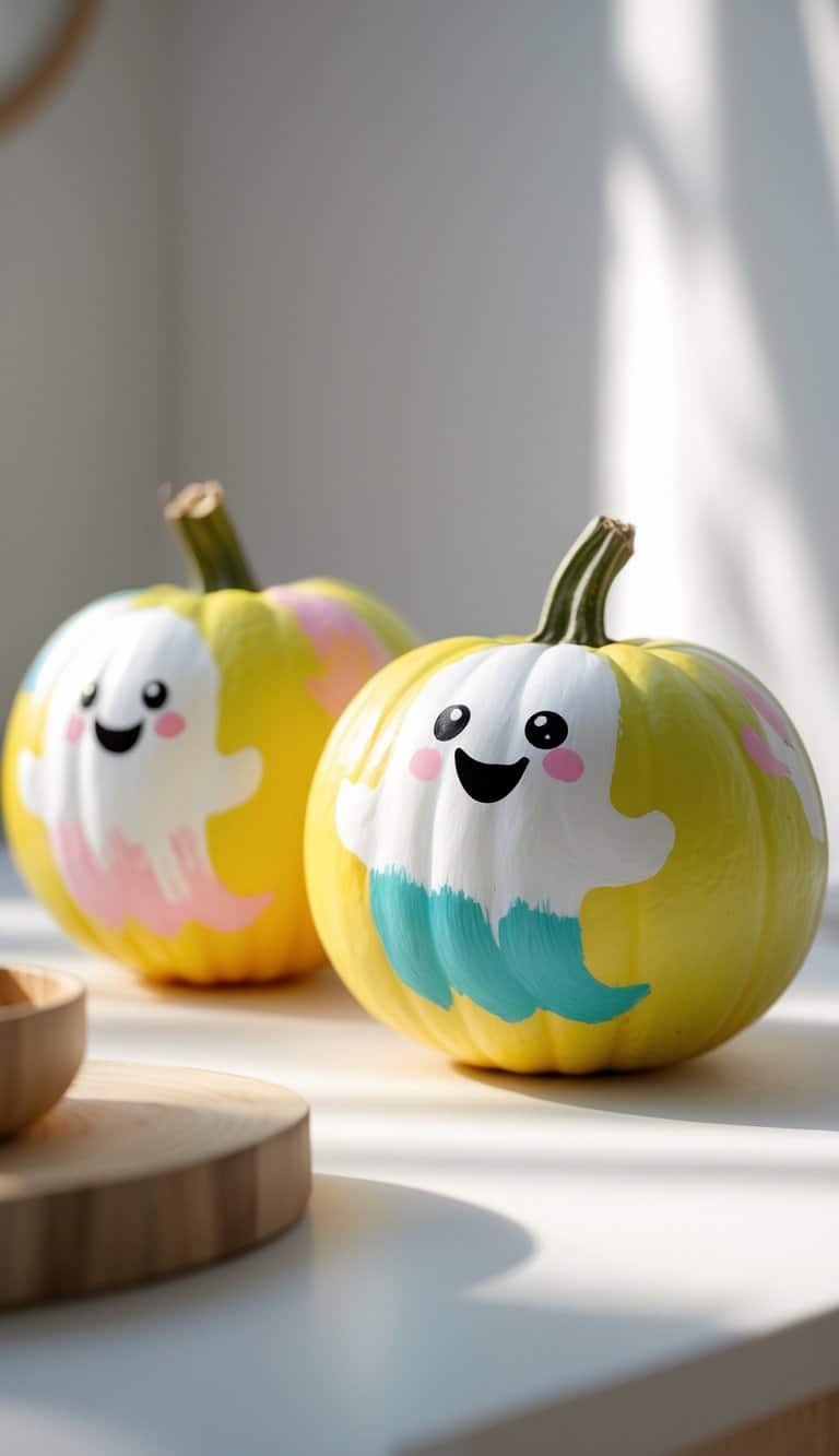 Close-up of one to two small pumpkins painted with cute ghost faces, placed on a wooden tabletop.