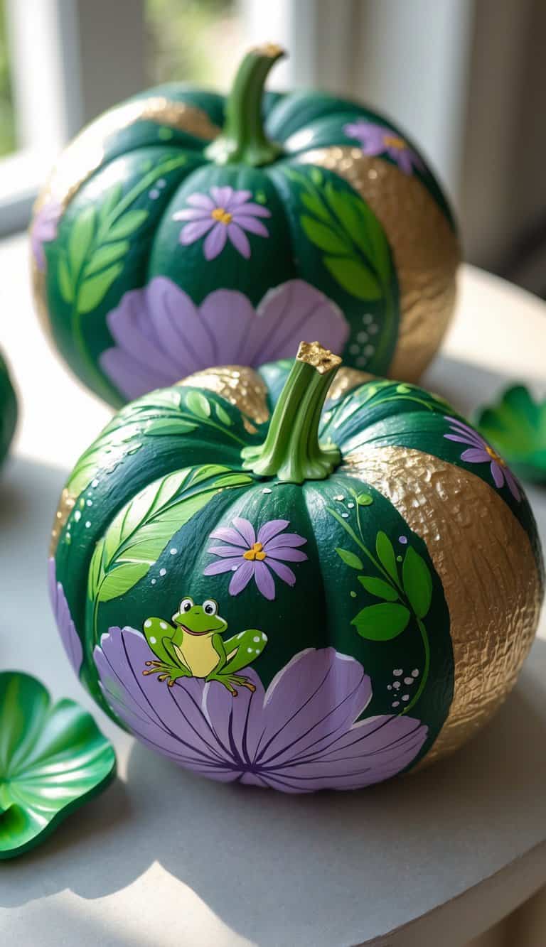 One to two vibrantly painted pumpkins inspired by Tiana from The Princess and the Frog, displayed on a neutral tabletop with detailed floral and frog designs.
