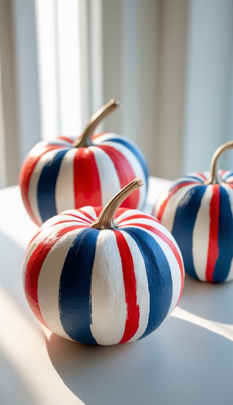 One or two pumpkins painted with colorful nautical stripes placed on a tabletop.
