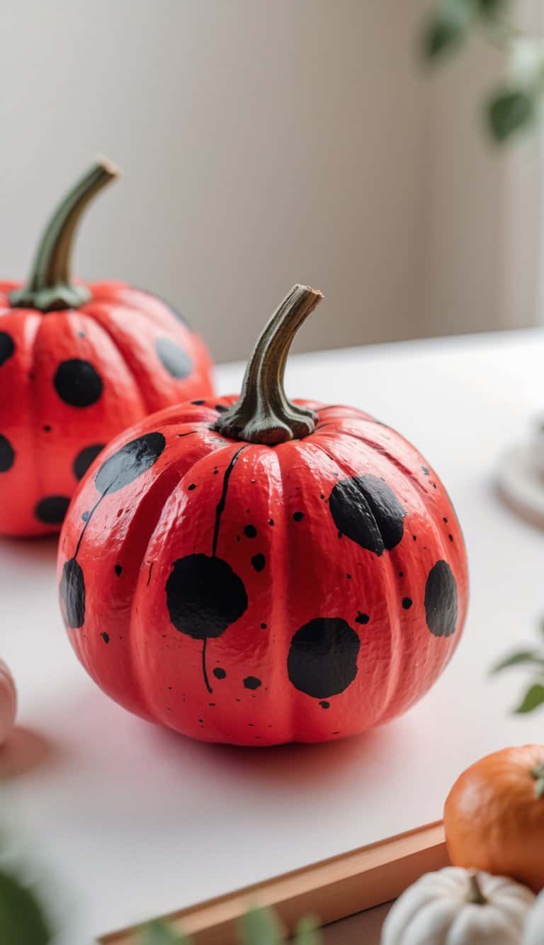 Close-up of one to two pumpkins painted like ladybugs on a tabletop with bright red and black colors.