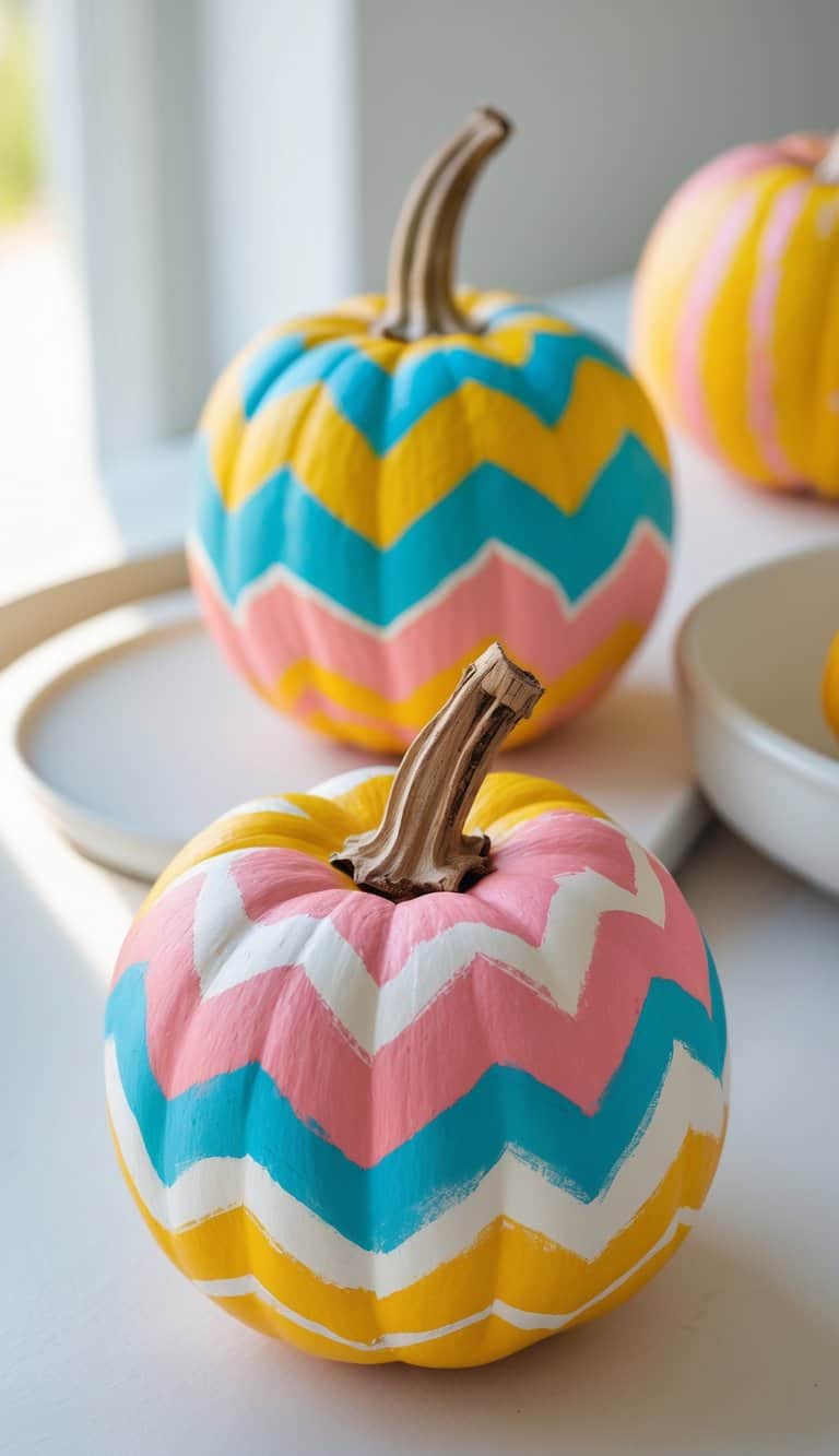One to two pumpkins painted with colorful chevron stripes placed on a clean tabletop under soft daylight.
