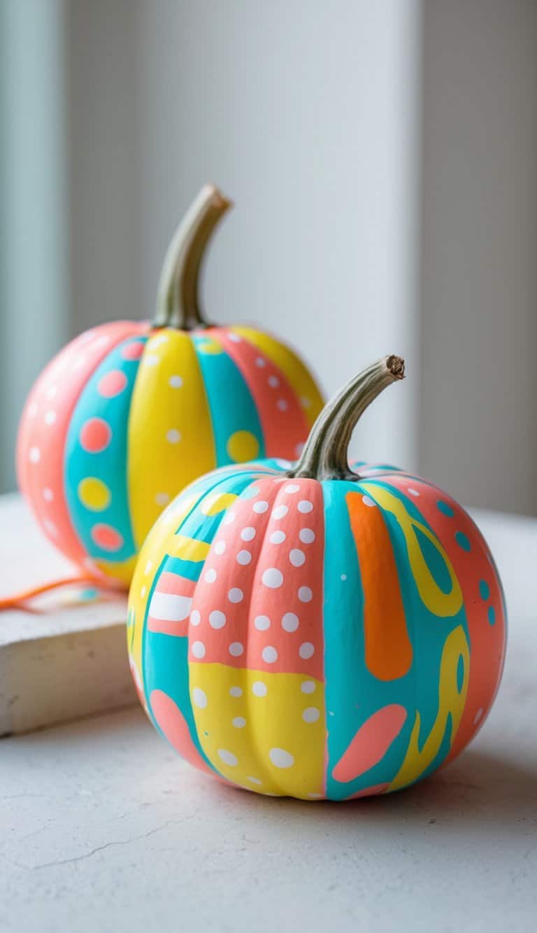 Close-up of one to two small pumpkins painted with colorful, playful patterns on a clean tabletop.