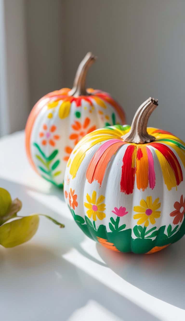 One to two pumpkins painted with white chalkboard paint and colorful designs, placed on a tabletop with soft natural light and a clean background.