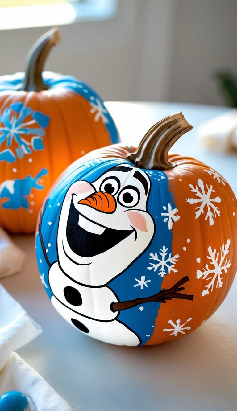 One to two pumpkins painted with Olaf and snowflake designs on a clean tabletop under soft daylight.