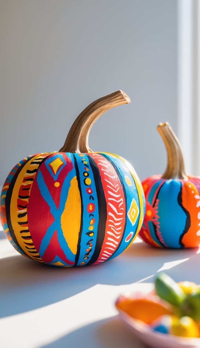 Close-up of one to two small pumpkins painted with colorful tribal patterns on a simple tabletop.