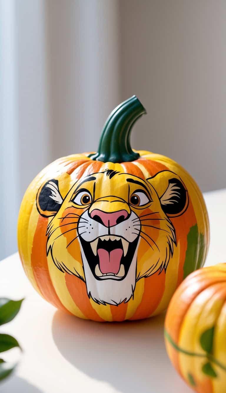 One to two pumpkins painted with a colorful Simba roaring design on a clean tabletop.