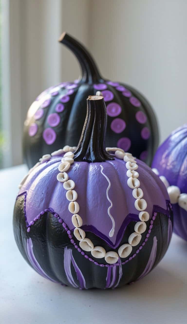 One or two pumpkins painted with colorful designs inspired by the Disney villain Ursula, displayed on a clean tabletop with soft natural light.