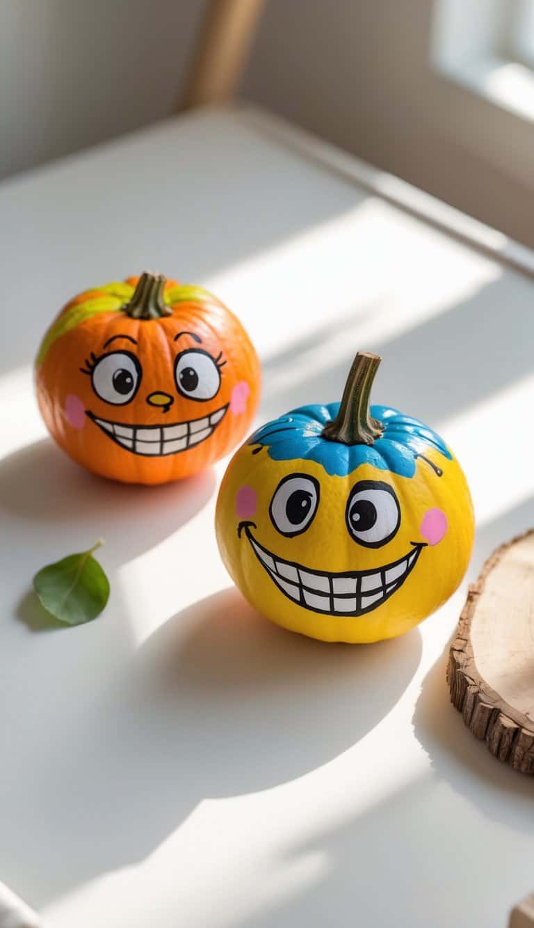 One to two small pumpkins painted with colorful, funny designs placed on a wooden tabletop with soft natural light.