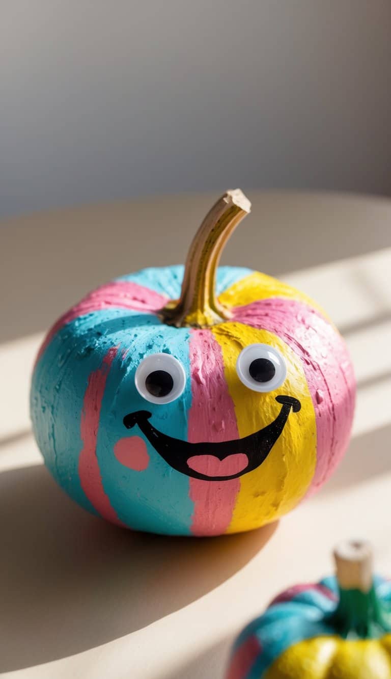 One or two small painted pumpkins with googly eyes and silly smiles on a tabletop.