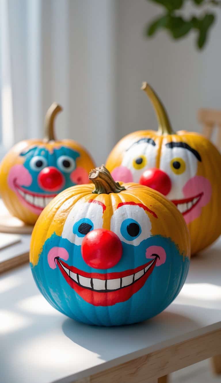 One to two pumpkins painted with colorful clown faces on a clean tabletop.