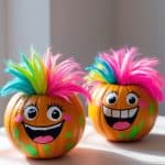 Two pumpkins decorated with colorful, spiky hair, big cartoon eyes, wide smiling mouths, and bright green dots sit on a white surface in sunlight, creating a playful and cheerful scene.