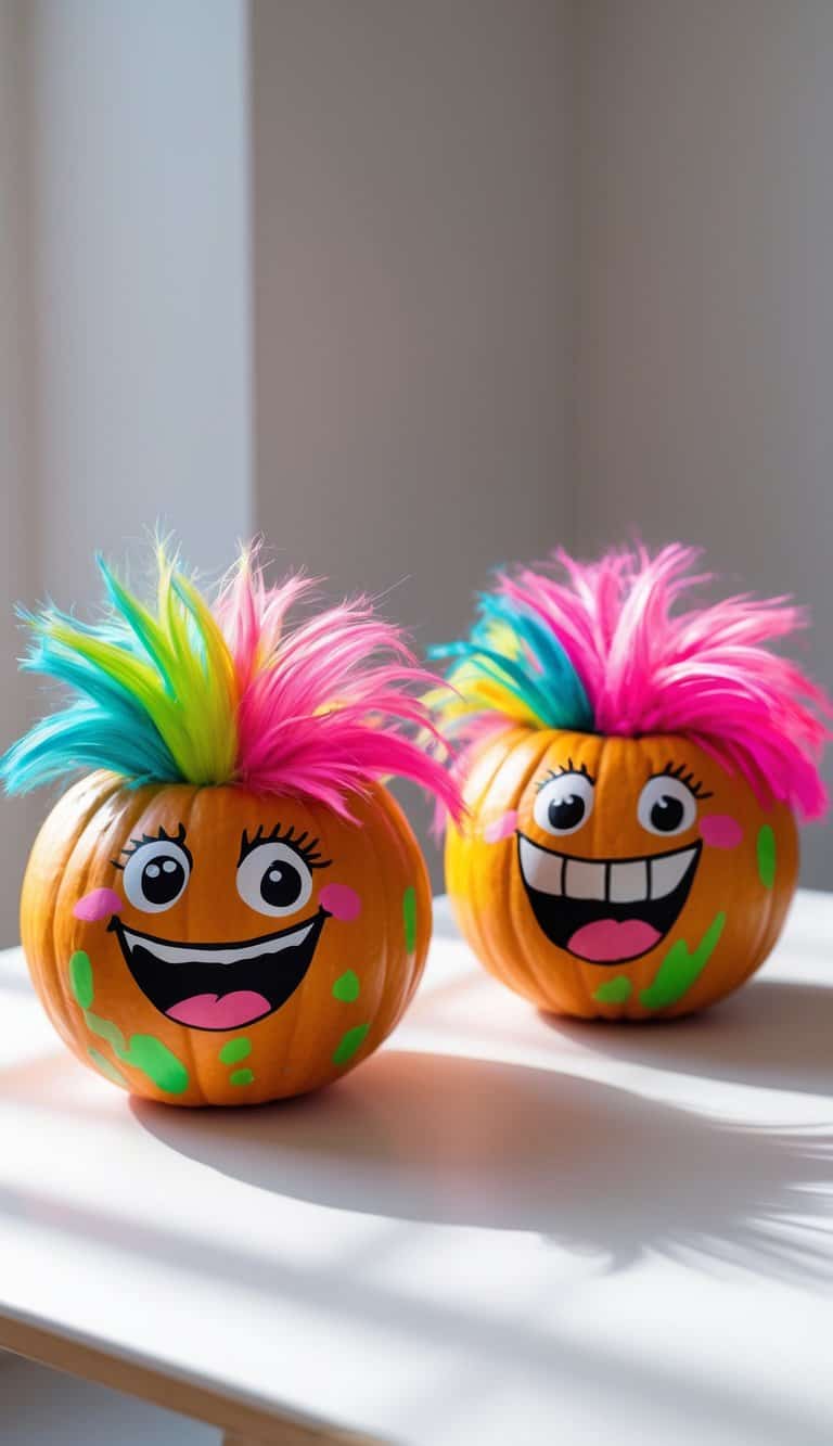 Close-up of one to two pumpkins painted with bright neon hair designs on a clean tabletop.