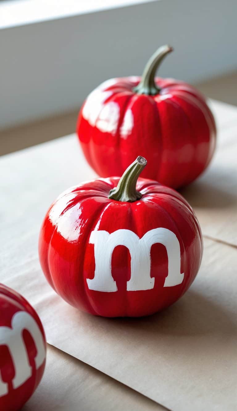 One to two pumpkins painted bright red with white lowercase 'm' designs, placed on a tabletop with a clean background.
