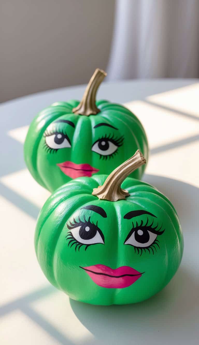 Close-up of one or two green painted pumpkins with eyelashes and lips on a clean tabletop.