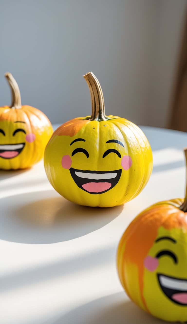 One or two pumpkins painted with laughing emoji faces on a tabletop.