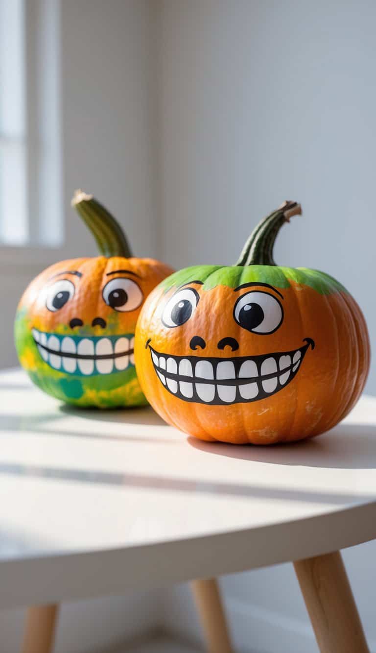 Close-up of one or two pumpkins painted with goofy grins and buck teeth on a tabletop.