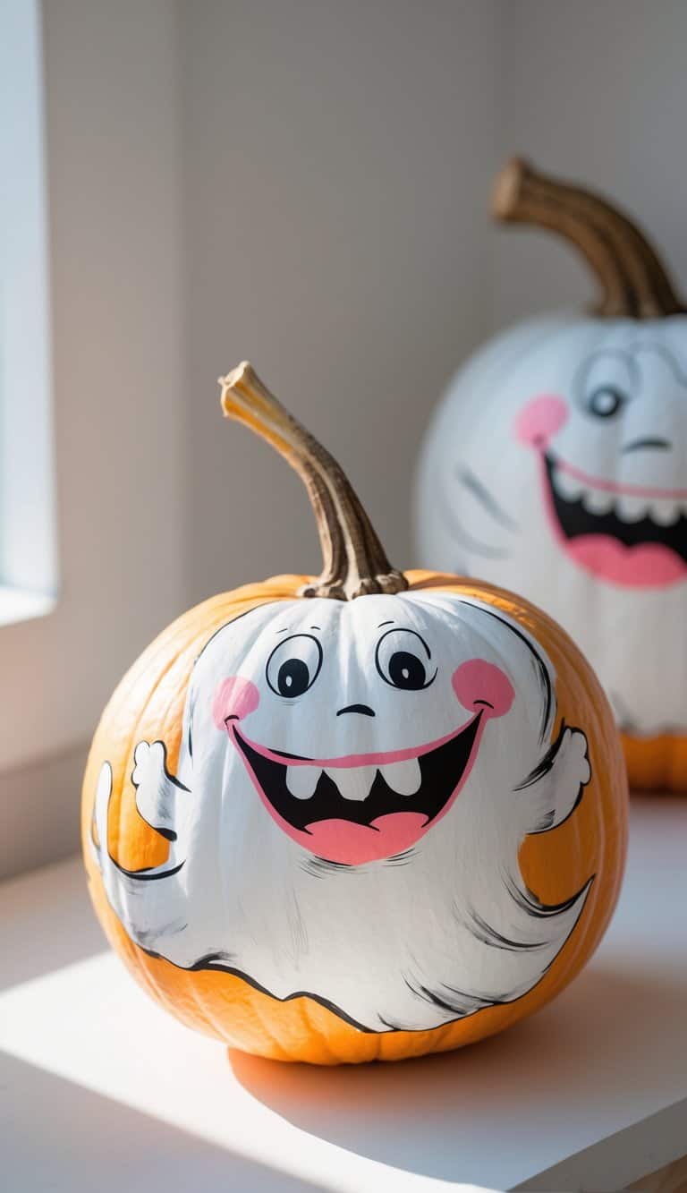 Close-up of one to two pumpkins painted with laughing ghost faces on a tabletop.