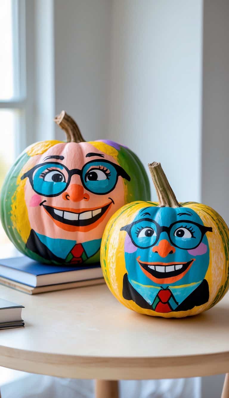 One to two pumpkins painted with funny school teacher faces wearing glasses, displayed on a tabletop.