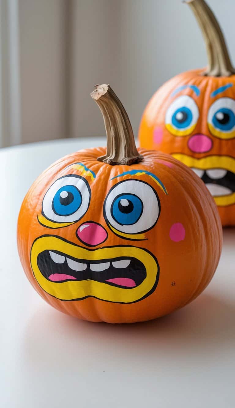 One or two pumpkins painted with funny dumbfounded cartoon faces on a tabletop with a clean background.