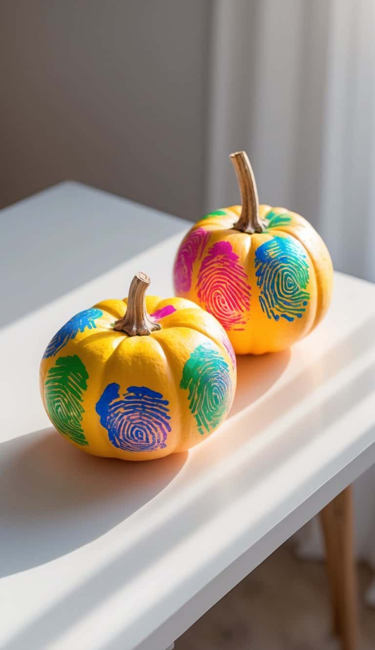 Close-up of one to two small pumpkins painted with colorful fingerprint designs on a clean tabletop.