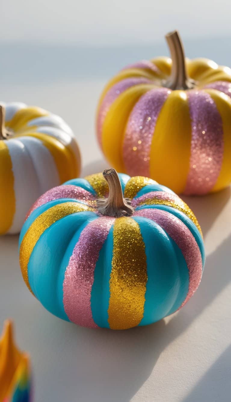 Close-up of one to two mini pumpkins painted with colorful glittery stripes on a clean tabletop.