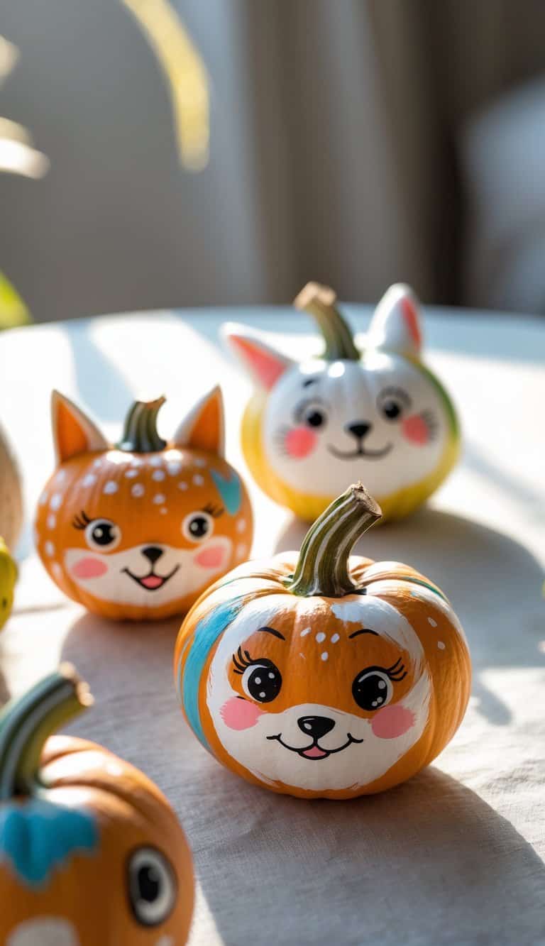 Close-up of one or two mini pumpkins painted with cute animal faces on a clean tabletop.