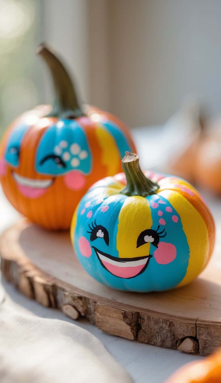 One or two small painted pumpkins with cheeky smiling faces on a clean tabletop.