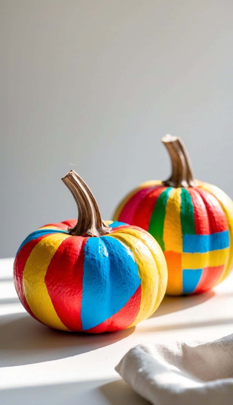 One or two mini pumpkins painted with colorful geometric shapes on a clean tabletop.