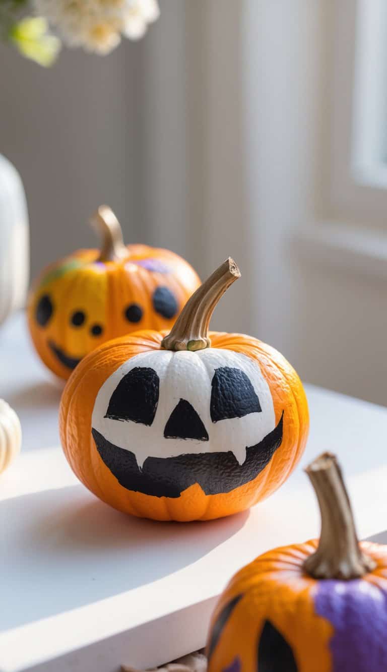 Close-up of one to two mini pumpkins painted with colorful Halloween faces on a clean tabletop.