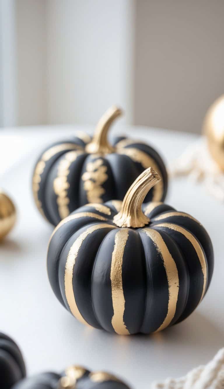 Close-up of one or two small black pumpkins with gold painted details placed on a tabletop.