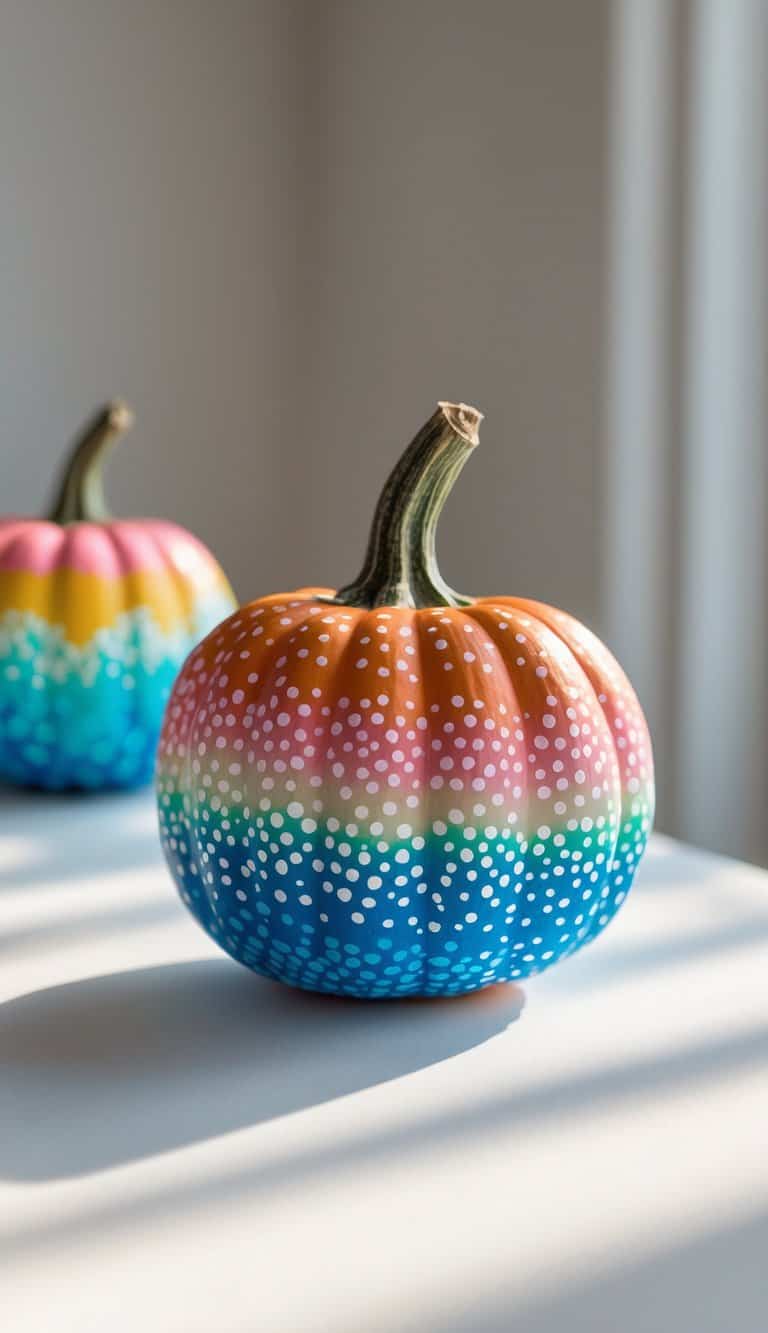 One to two small painted pumpkins with colorful dot patterns on a tabletop.