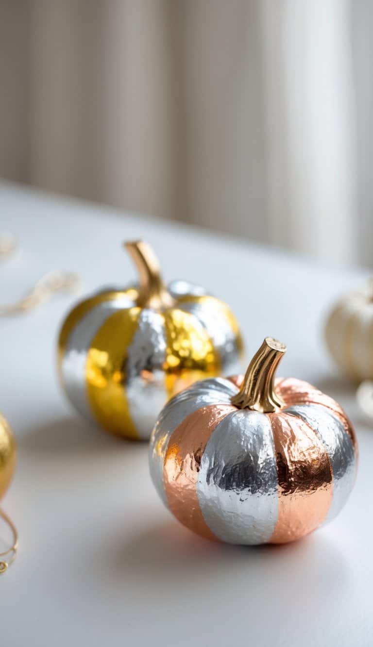 One to two small pumpkins painted with metallic stripes placed on a tabletop.