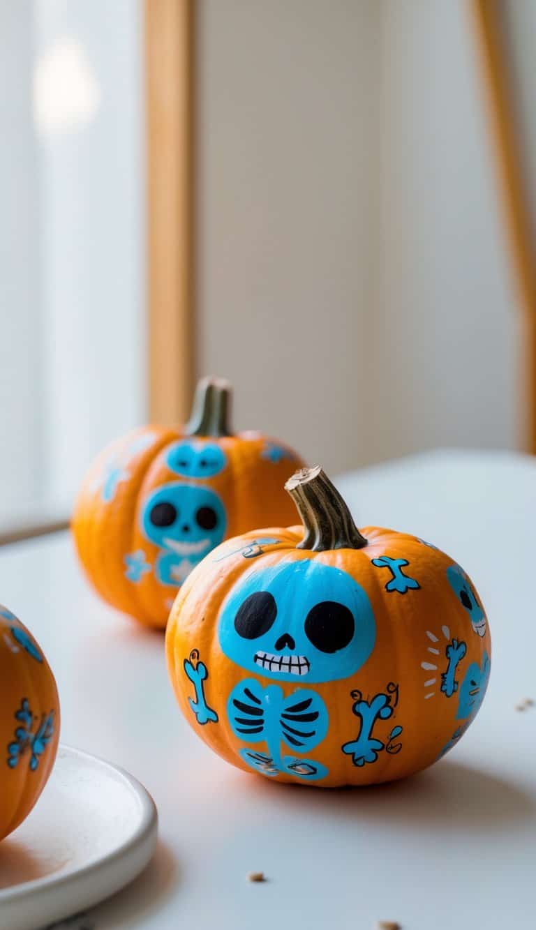 One to two small pumpkins painted with tiny skeleton designs placed on a tabletop.