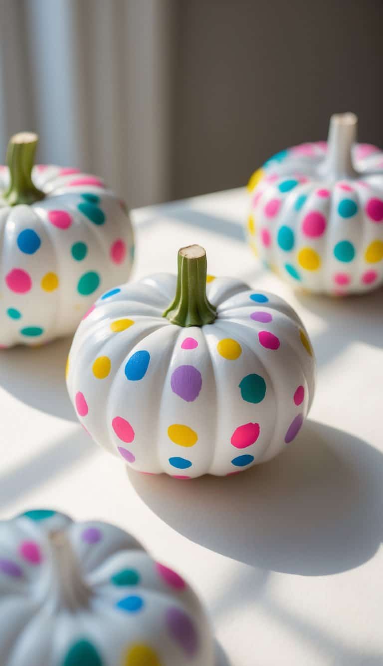 One to two small white pumpkins decorated with colorful painted dots on a clean tabletop.
