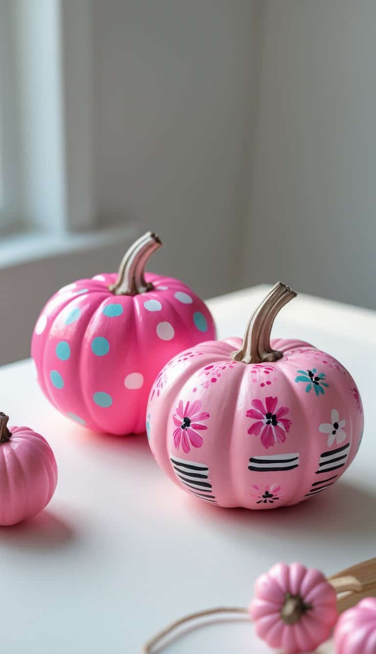 One to two small pumpkins painted in bright pink with playful patterns on a clean tabletop.