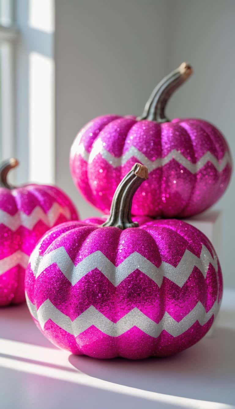 One or two pumpkins painted with bright pink glitter chevron stripes on a clean tabletop under soft daylight.