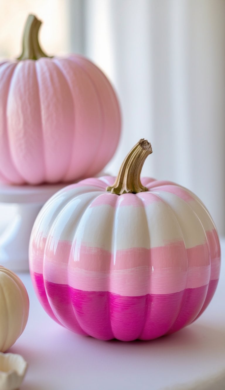 Close-up of one or two pink painted pumpkins with a smooth gradient from light to dark pink on a simple tabletop.